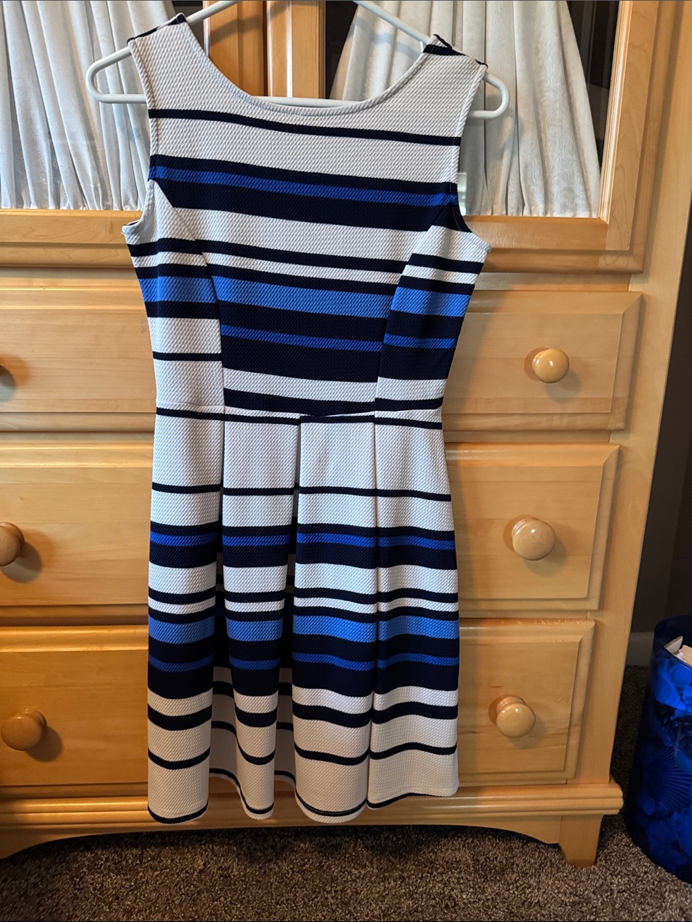 Sleeveless Striped Midi Dress in White & Blue